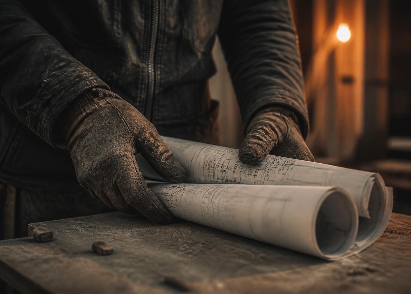 Contractor holding rolled blueprints on a job site table