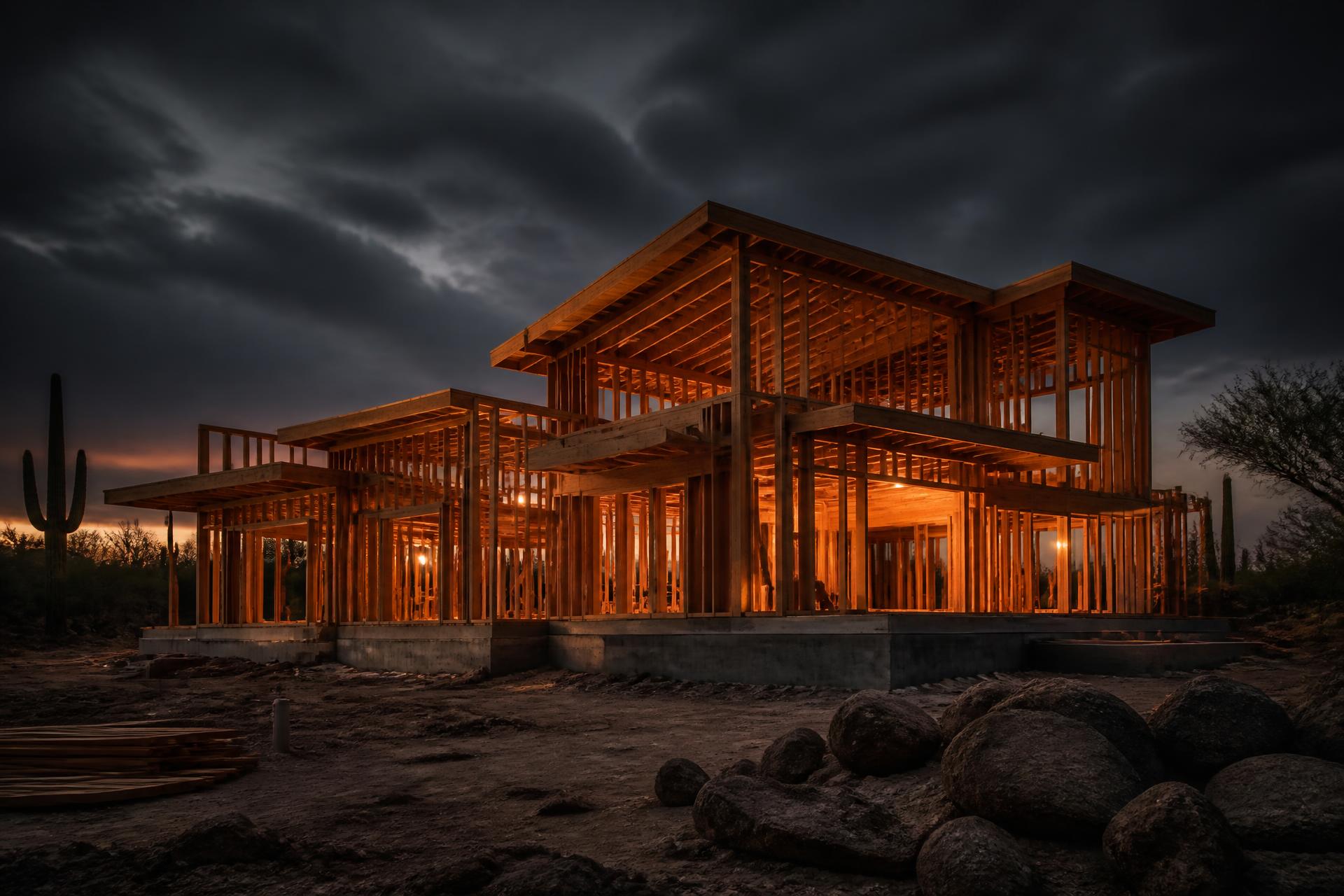 Custom home under construction at dusk in the Sonoran desert