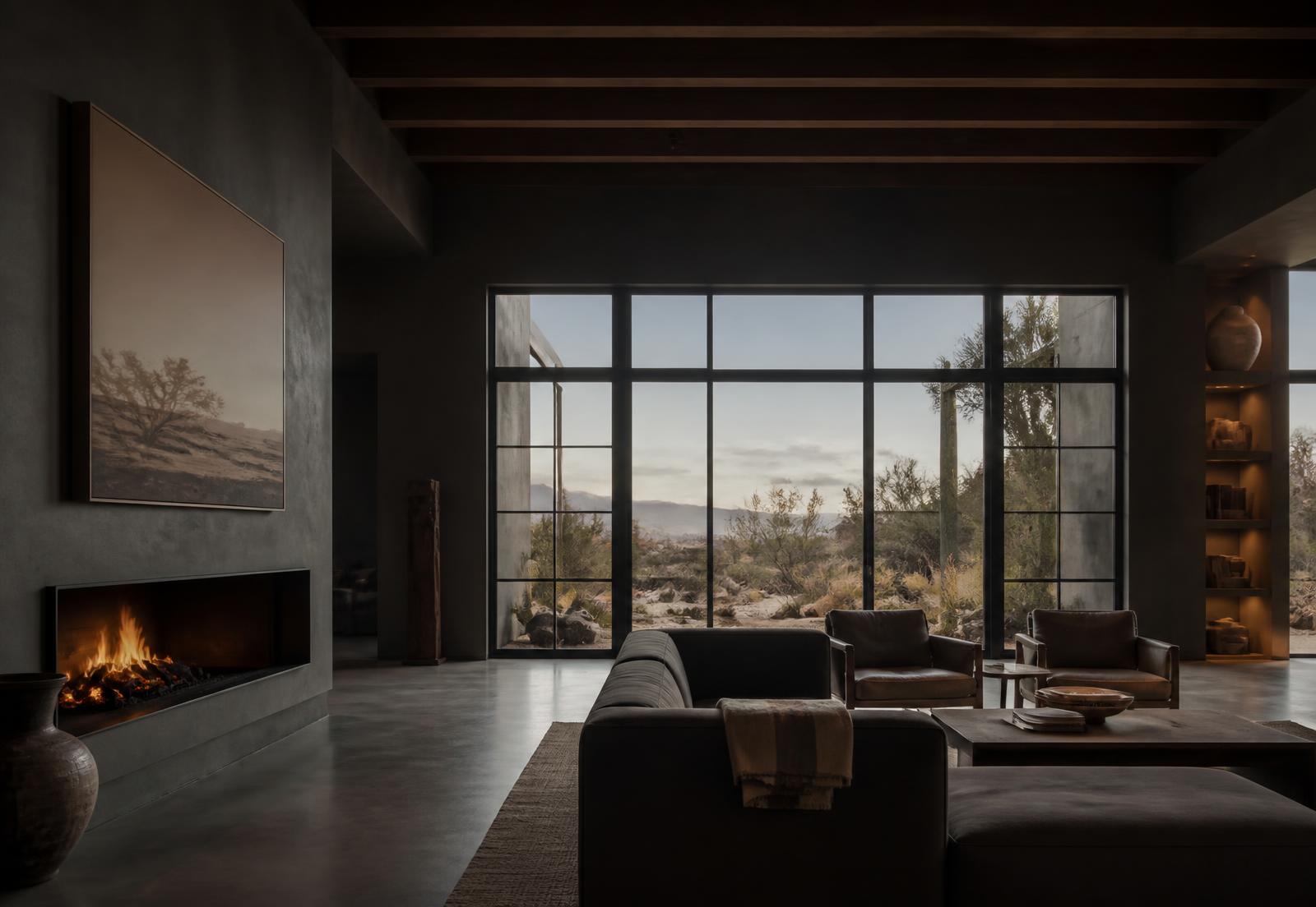 Finished modern desert home interior with concrete floors and steel windows